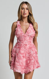 Alexandria Mini Dress - V Neck Gathered Bust A Line Dress in Pink